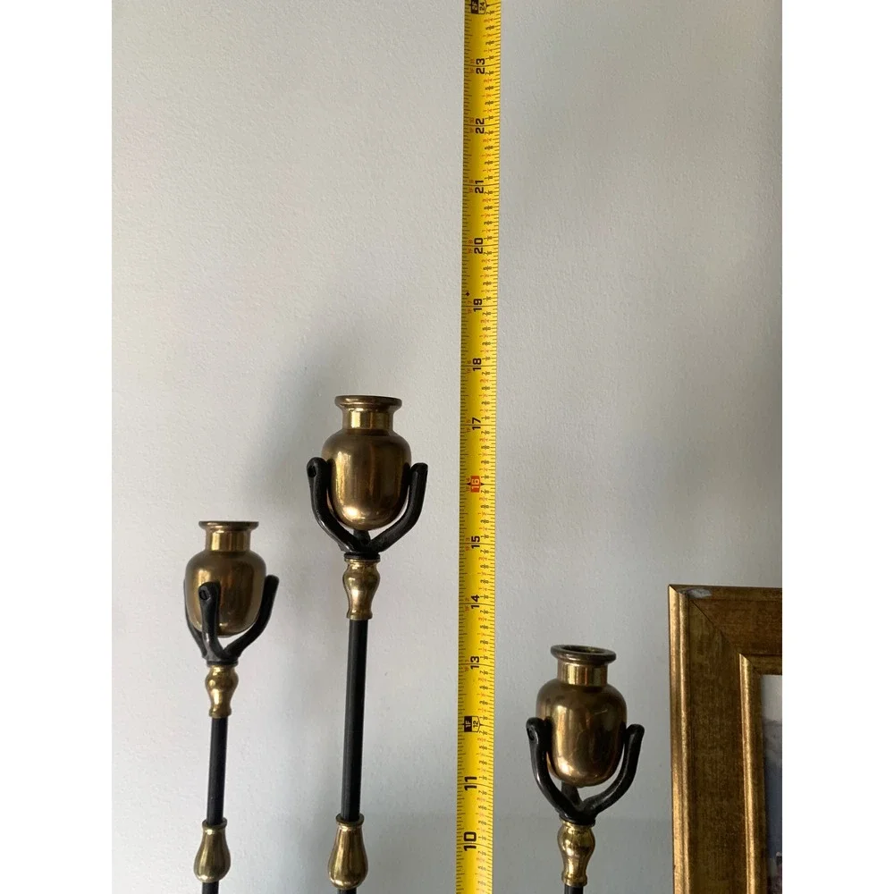 Set of 3 Vintage Brass &‎ Black Metal Taper Candlestick Holders inspired Tiffany